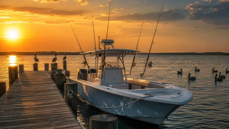 Center-console charter boat tied at a Texas Gulf Coast dock, how to Start a Fishing Charter or Guide Business on the Texas Gulf Coast