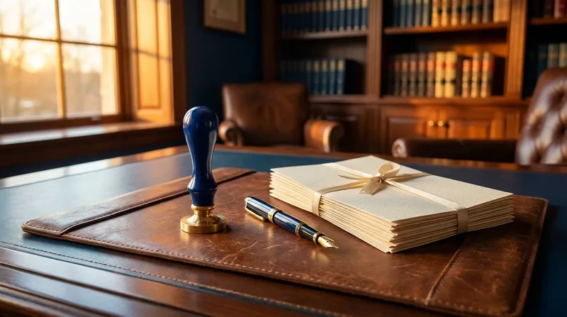 Notary seal, pen and documents on a leather desk pad, Texas Business Court