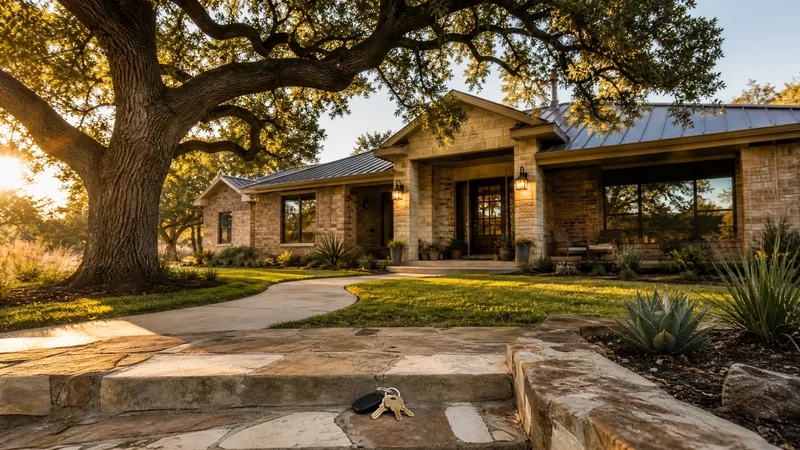 Single-story Texas brick and limestone home with a live oak, how to Start a Property Management Business in Texas
