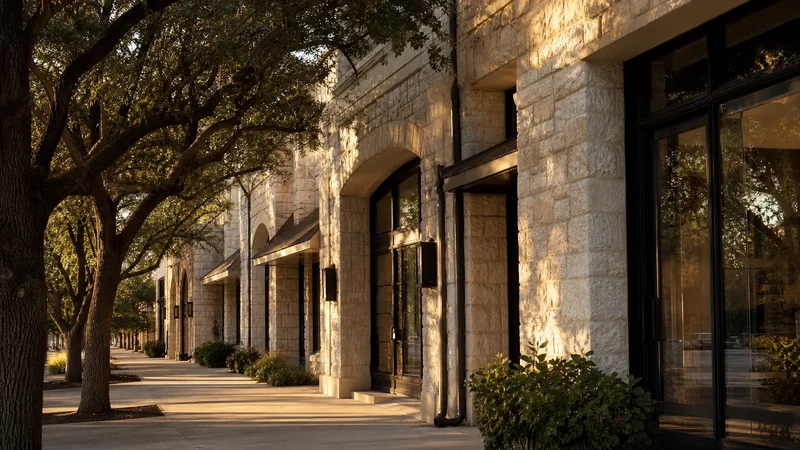 Central Texas limestone storefront row and live oaks in warm light, Bexar County DBA