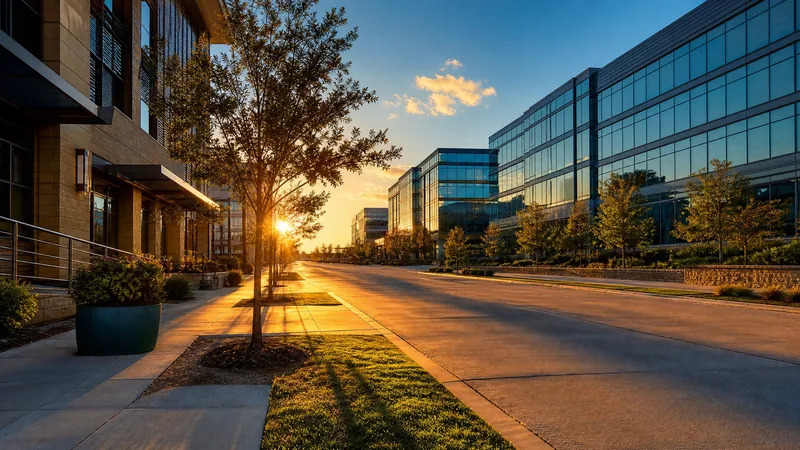 North Texas suburban commercial street with glass office buildings at golden hour, Dallas County DBA