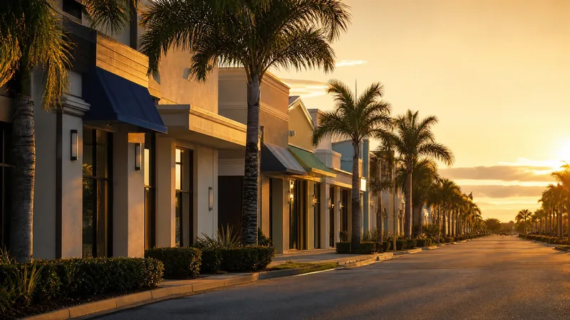 Gulf Coast commercial district with low-rise storefronts and palms, Harris County DBA