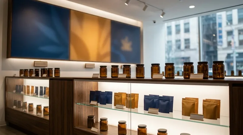 Minimal retail shelf of jars and pouches, Texas Hemp and THC Laws for Businesses