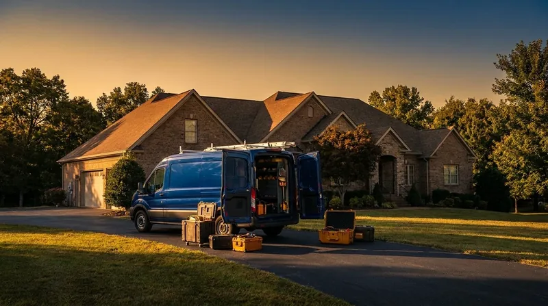 Service van and equipment outside a suburban home, how to Start a Cleaning Business in Texas