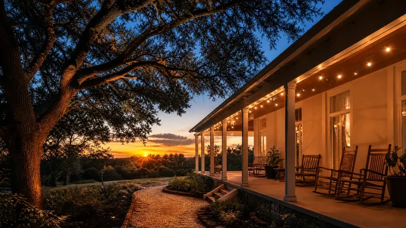 Texas guesthouse porch with rocking chairs at sunset, how to Start a Short-Term Rental in Austin