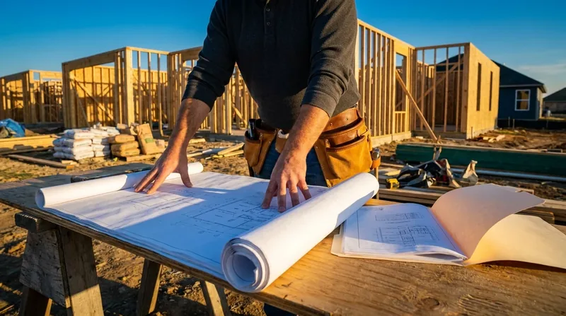Contractor reviewing blueprints at a residential jobsite, Texas Contractor License