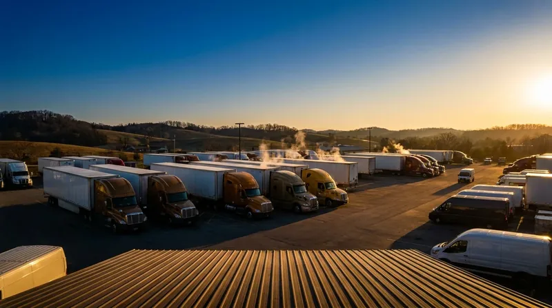 Box trucks and semis at a logistics yard at sunrise, how to Start a Trucking Company in Texas